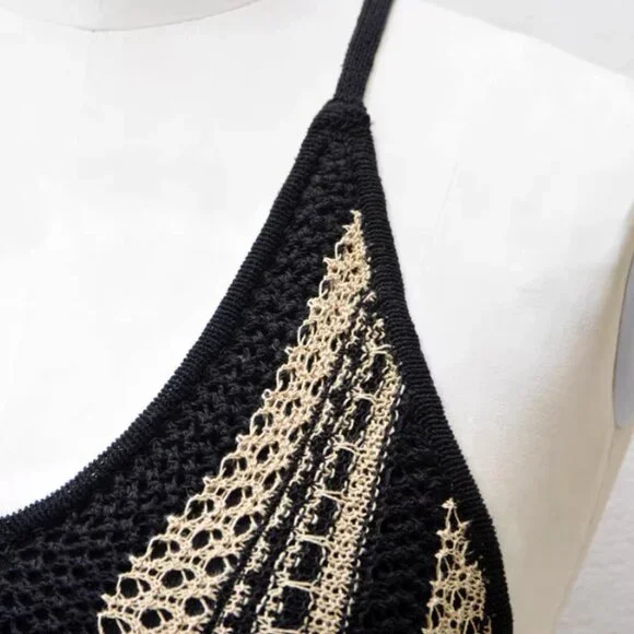 BEST REISS Annie Stripe Crochet-Knit Tie-Back Maxi Dress XS/S/M Black/Neutral - Picture 10 of 13